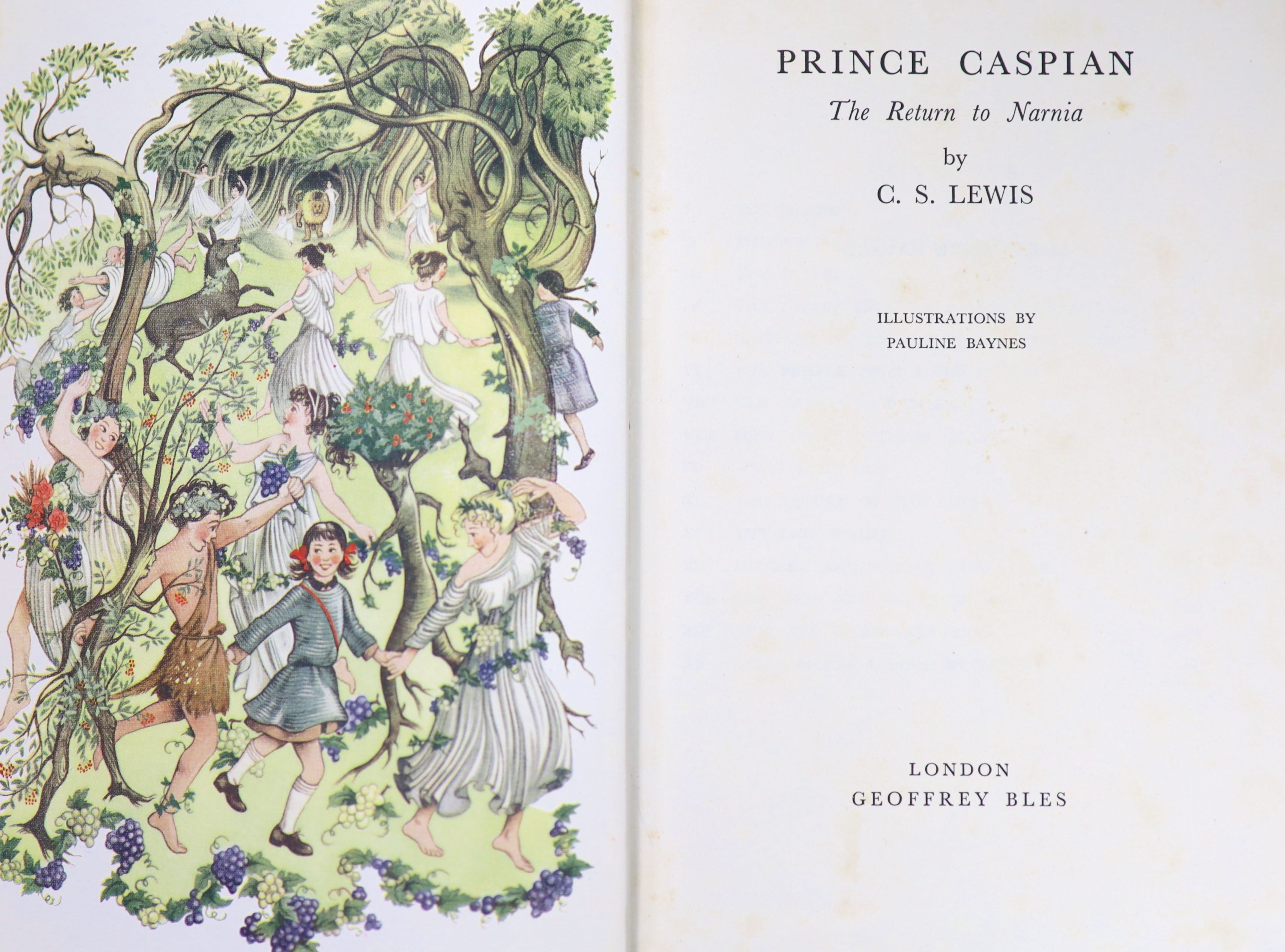 Lewis, Clive Staples - Prince Caspian. The Return to Narnia, 1st edition, 8vo, illustrated by Pauline Baynes, including a coloured frontis, original cloth, in unclipped d/j, Geoffrey Bles, London, 1951